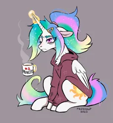 Size: 3298x3593 | Tagged: safe, artist:redsnout, derpibooru import, princess celestia, alicorn, pony, angry, bags under eyes, bed mane, chest fluff, clothes, floppy ears, gray background, hoodie, image, jpeg, magic, messy mane, mug, simple background, solo, telekinesis, tired