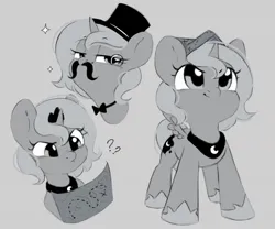 Size: 1200x998 | Tagged: safe, artist:melodylibris, derpibooru import, princess luna, alicorn, pony, moonstuck, bowtie, confused, crown, fake moustache, female, filly, foal, grayscale, hat, image, jewelry, jpeg, map, monochrome, monocle, question mark, regalia, smiling, solo, sparkles, top hat, woona, younger