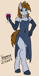 Size: 1381x2683 | Tagged: safe, artist:vesperce, derpibooru import, oc, oc:littlepip, anthro, fallout equestria, alcohol, clothes, crossdressing, dress, image, jpeg, rule 63, solo, wine