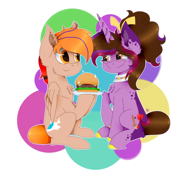 Size: 1300x1300 | Tagged: safe, artist:kathepart, derpibooru import, oc, oc:fededash, oc:kathepaint, unofficial characters only, pegasus, pony, unicorn, brown eyes, burger, collar, food, freckles, hair bun, hamburger, horn, image, orange eyes, pegasus oc, png, simple background, sitting, transparent background, unicorn oc, wings