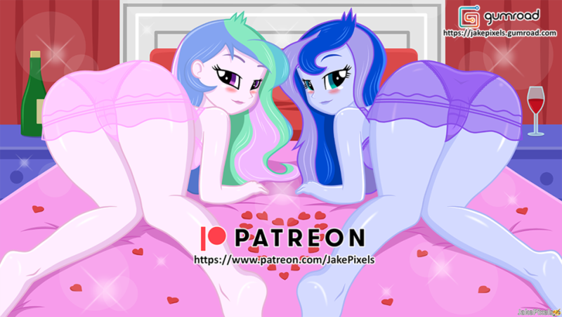 Size: 901x508 | Tagged: suggestive, artist:jakepixels, derpibooru import, princess celestia, princess luna, human, equestria girls, alcohol, ass, ass up, bed, blushing, bottle, butt, clothes, duo, duo female, face down ass up, female, glass, gumroad, gumroad logo, holiday, image, imminent sex, lingerie, looking at you, looking back, looking back at you, moonbutt, patreon, patreon logo, png, principal celestia, sunbutt, valentine's day, vice principal luna, wine, wine bottle, wine glass