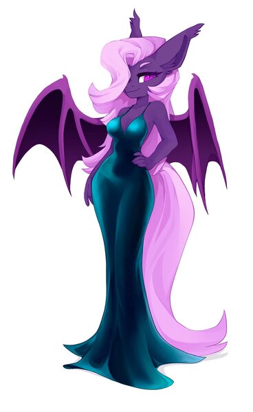 Size: 1255x2048 | Tagged: safe, artist:shooshaa, derpibooru import, oc, oc:lilac night, oc:only, anthro, bat pony, unguligrade anthro, beautiful, beautisexy, breasts, cleavage, clothes, dress, evening gown, female, green dress, hair over one eye, hand on hip, image, jpeg, looking at you, purple eyes, sexy, simple background, smiling, solo, solo female, stupid sexy oc, white background