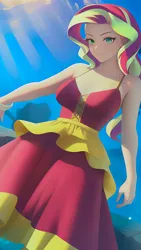 Size: 864x1536 | Tagged: safe, derpibooru import, editor:sammykun, machine learning generated, novelai, stable diffusion, sunset shimmer, beautiful, breasts, busty sunset shimmer, clothes, crepuscular rays, dress, female, frilly dress, image, lighting, looking at you, ocean, png, shadows, solo, solo female, underwater, water