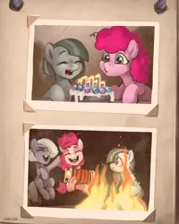 Size: 1501x1875 | Tagged: safe, artist:jewellier, derpibooru import, part of a set, limestone pie, marble pie, pinkie pie, earth pony, pony, accordion, ask, ask marble and limestone, birthday cake, cake, campfire, candle, female, filly, filly marble pie, filly pinkie pie, fire, foal, food, hair over eyes, hair over one eye, happy, image, marbles, missing teeth, musical instrument, old photo, photo album, pie sisters, pie twins, png, siblings, singing, sisters, twins, younger