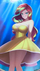 Size: 864x1536 | Tagged: safe, derpibooru import, editor:sammykun, machine learning generated, novelai, stable diffusion, sunset shimmer, beautiful, breasts, busty sunset shimmer, clothes, crepuscular rays, dress, female, frilly dress, image, jpeg, lighting, looking at you, ocean, shadows, solo, solo female, underwater, water