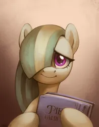 Size: 1100x1400 | Tagged: safe, alternate version, artist:jewellier, derpibooru import, marble pie, earth pony, pony, abstract background, bust, female, hair over eyes, hair over one eye, hoof hold, image, looking at you, mare, photo album, png, portrait, simple background, smiling