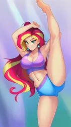 Size: 864x1536 | Tagged: suggestive, derpibooru import, editor:sammykun, machine learning generated, novelai, stable diffusion, sunset shimmer, human, equestria girls, armpits, barefoot, belly button, breasts, busty sunset shimmer, clothes, feet, humanized, image, legs, long hair, looking at you, midriff, png, raised leg, reference used, shorts, smiling, splits, spread legs, spreading, standing, standing on one leg, standing splits, stretching, stupid sexy sunset shimmer, tanktop, thighs