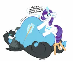 Size: 1306x1112 | Tagged: suggestive, artist:boot, derpibooru import, rarity, oc, oc:carrie, gryphon, pony, unicorn, belly, big belly, dialogue, fat, fat fetish, fetish, griffon oc, huge belly, image, impossibly large belly, jpeg, magic, measuring tape, obese, speech bubble, squishy belly, telekinesis