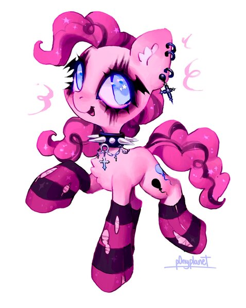 Size: 1632x2048 | Tagged: safe, artist:p0nyplanet, derpibooru import, pinkie pie, earth pony, pony, clothes, collar, female, goth, image, jpeg, mare, piercing, simple background, socks, solo, spiked collar, white background