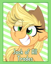 Size: 1200x1500 | Tagged: safe, artist:littleblackraencloud, derpibooru import, applejack, earth pony, pony, applejack's hat, badge, bust, cowboy hat, female, hat, image, mare, png, portrait, solo, striped background