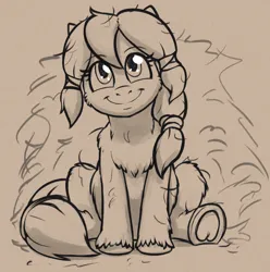 Size: 1050x1060 | Tagged: safe, artist:a0iisa, oc, oc:lushcoat, unofficial characters only, pony, taiga pony, chest fluff, female, filly, image, jpeg, monochrome, sitting, smiling, solo, unshorn fetlocks, younger