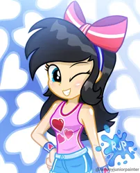 Size: 2015x2490 | Tagged: safe, artist:rjp.rammy, derpibooru import, oc, oc:samantha, equestria girls, bow, clothes, female, hair bow, image, one eye closed, png, shirt, shorts, solo, wink