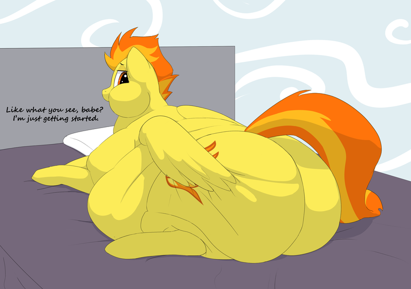 Size: 3141x2206 | Tagged: suggestive, artist:lupin quill, derpibooru import, spitfire, pegasus, pony, series:retirement (weight gain), bed, bedroom eyes, belly, big belly, bingo wings, butt, butt grab, butt touch, chubby cheeks, dialogue, fat, fat fetish, female, fetish, firebutt, flirting, grope, image, large butt, looking back, morbidly obese, obese, on bed, plot, png, presenting, rolls of fat, solo, solo female, spitfatty, spread wings, the ass was fat, wings