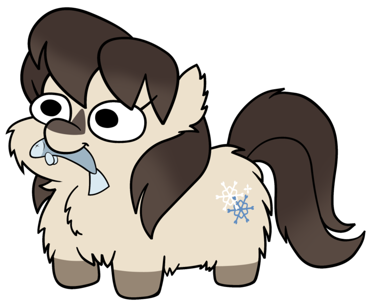 Size: 1150x950 | Tagged: safe, alternate version, artist:a0iisa, ponybooru import, oc, oc:frosty flakes, unofficial characters only, fish, fluffy pony, pony, taiga pony, blaze (coat marking), brown mane, coat markings, colored, female, flat colors, image, mare, mouth hold, png, simple background, socks (coat marking), solo, squatpony, transparent background