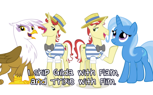 Size: 640x400 | Tagged: safe, artist:ponyconfessions, derpibooru import, flam, flim, gilda, trixie, gryphon, unicorn, female, flixie, glidaflam, griffon x pony, image, male, png, pony confession, raised hoof, shipping, simple background, straight, transparent background