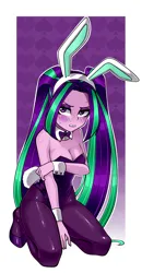 Size: 1200x2300 | Tagged: suggestive, artist:nekojackun, derpibooru import, aria blaze, human, siren, equestria girls, bare shoulders, blushing, breasts, bunny ears, bunny suit, busty aria blaze, cleavage, clothes, disguise, disguised siren, embarrassed, frown, image, kneeling, looking at you, pigtails, png, sleeveless, socks, solo, stockings, strapless, teeth, thigh highs