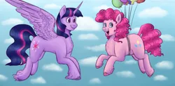 Size: 3201x1583 | Tagged: safe, artist:violetpony11, derpibooru import, pinkie pie, twilight sparkle, twilight sparkle (alicorn), alicorn, earth pony, pony, balloon, chest fluff, cloud, dock, duo, duo female, female, floating, flying, heart, heart eyes, high res, image, lesbian, looking at someone, looking at you, mare, open mouth, open smile, png, shipping, sky, smiling, spread wings, tail, then watch her balloons lift her up to the sky, twinkie, unshorn fetlocks, wingding eyes, wings