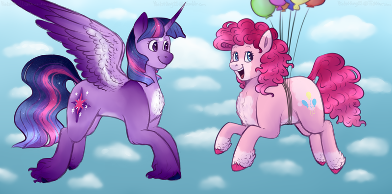 Size: 3201x1583 | Tagged: safe, alternate version, artist:violetpony11, derpibooru import, pinkie pie, twilight sparkle, twilight sparkle (alicorn), alicorn, earth pony, pony, balloon, chest fluff, cloud, coat markings, dock, duo, duo female, female, floating, flying, heart, heart eyes, high res, image, lesbian, looking at someone, looking at you, mare, open mouth, open smile, png, redesign, shipping, sky, smiling, spread wings, tail, then watch her balloons lift her up to the sky, twinkie, unshorn fetlocks, wingding eyes, wings