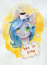 Size: 1932x2621 | Tagged: safe, artist:laymy, derpibooru import, oc, unofficial characters only, bat pony, pony, bat pony oc, bat wings, coffee, coffee mug, female, head balance, image, jpeg, mare, mug, solo, this is fine, thought bubble, traditional art, wings