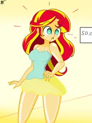 Size: 1536x2048 | Tagged: safe, artist:diegosagiro, derpibooru import, sunset shimmer, equestria girls, image, inanimate tf, jpeg, mannequin, mannequin tf, sign, solo, surprised, transformation