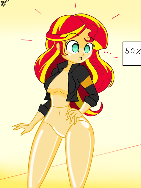 Size: 1536x2048 | Tagged: questionable, artist:diegosagiro, derpibooru import, sunset shimmer, equestria girls, bottomless, braless, breasts, clothes, featureless crotch, female, image, inanimate tf, jacket, jpeg, leather, leather jacket, mannequin, mannequin tf, open clothes, partial nudity, sign, solo, solo female, surprised, transformation