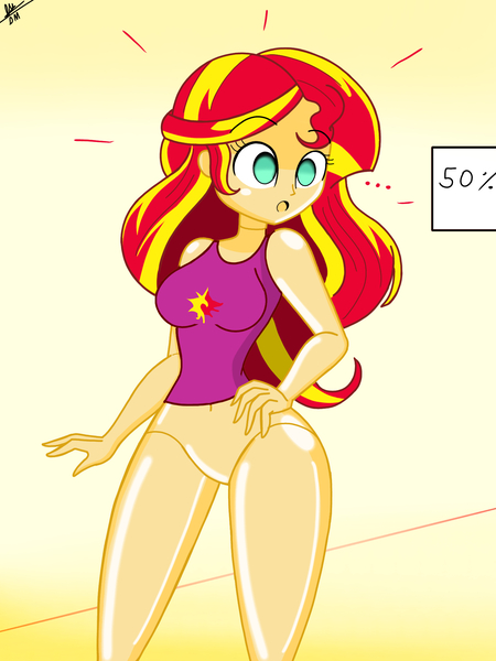 Size: 1536x2048 | Tagged: questionable, artist:diegosagiro, derpibooru import, sunset shimmer, equestria girls, bottomless, clothes, featureless crotch, female, image, inanimate tf, jpeg, mannequin, mannequin tf, partial nudity, sign, solo, solo female, surprised, transformation