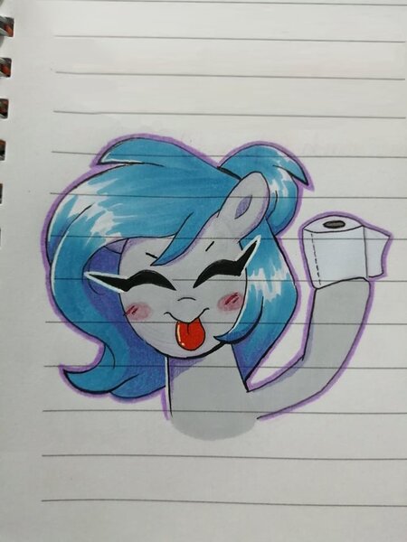 Size: 720x960 | Tagged: safe, artist:darkynez, derpibooru import, oc, unofficial characters only, pony, blushing, eyes closed, image, jpeg, raspberry, solo, toilet paper roll, tongue out, traditional art