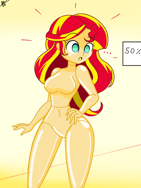 Size: 1536x2048 | Tagged: questionable, artist:diegosagiro, derpibooru import, sunset shimmer, equestria girls, breasts, featureless breasts, featureless crotch, female, image, inanimate tf, jpeg, mannequin, mannequin tf, nudity, sign, solo, solo female, surprised, transformation