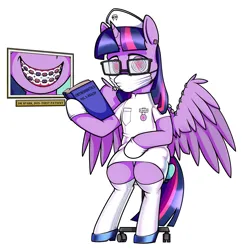 Size: 3900x3900 | Tagged: safe, artist:dacaoo, derpibooru import, twilight sparkle, twilight sparkle (alicorn), alicorn, pony, alternate universe, book, braces, brainwashed, brainwashing, chair, clothes, cutie mark, cutie mark eyes, cutie mark on clothes, dentist, dentist fetish, doctor, dress, ear piercing, earring, glasses, gloves, hat, high heels, holding, horn, hypnosis, hypnotized, image, jewelry, latex, latex clothes, latex dress, latex socks, latex stockings, leaning, mask, medical gloves, name tag, nerd, nurse hat, photo, picture, picture frame, piercing, png, reading, shoes, simple background, sitting, socks, solo, spread wings, standing on two hooves, stockings, surgical mask, swirly eyes, text, textbook, thigh highs, tooth, uniform, white background, wing jewelry, wing piercing, wingding eyes, wings