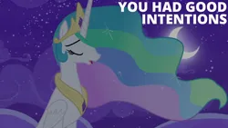 Size: 1920x1080 | Tagged: safe, derpibooru import, edit, edited screencap, editor:quoterific, screencap, princess celestia, alicorn, pony, horse play, crescent moon, crown, ethereal mane, eyes closed, female, image, jewelry, mare, moon, night, open mouth, peytral, png, regalia, solo, sparkles, stars