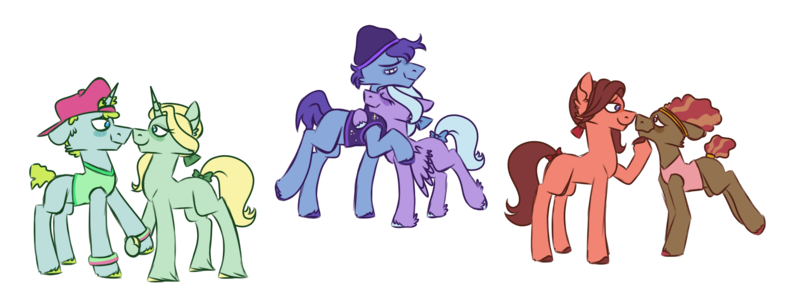 Size: 2000x720 | Tagged: safe, artist:fuckomcfuck, derpibooru import, dear darling, fond feather, glamor trot, smooth vibes, stereo mix, swoon song, earth pony, pegasus, pony, unicorn, background dancers, bandaid, blushing, bow, female, hair bow, hat, headband, height difference, image, male, mare, png, shipping, simple background, stallion, transparent background, trio, trio female, trio male