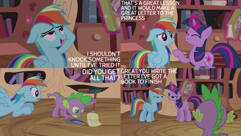 Size: 2000x1125 | Tagged: safe, derpibooru import, edit, edited screencap, screencap, rainbow dash, spike, twilight sparkle, dragon, pegasus, pony, unicorn, read it and weep, book, broom, daring do book, dustpan, female, friendship lesson, golden oaks library, image, implied princess celestia, library, lidded eyes, magic, male, mare, mid-blink screencap, open mouth, open smile, png, smiling, sweeping, telekinesis, trio, unicorn twilight