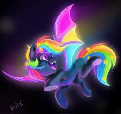 Size: 2048x1927 | Tagged: safe, artist:brdte, derpibooru import, oc, unofficial characters only, bat pony, pony, bat pony oc, bat wings, colored wings, fangs, flying, glow, image, jpeg, multicolored hair, multicolored wings, open mouth, open smile, rainbow hair, rainbow wings, signature, smiling, solo, spread wings, underhoof, wings