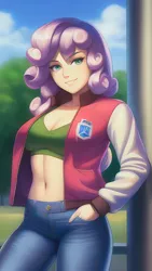 Size: 864x1536 | Tagged: safe, derpibooru import, editor:sammykun, machine learning assisted, machine learning generated, novelai, stable diffusion, sweetie belle, human, equestria girls, beautiful, beautiful eyes, beautiful hair, belly button, breasts, cleavage, clothes, colored pupils, column, cute, denim, female, green eyes, humanized, image, jacket, jeans, looking at you, midriff, older, older sweetie belle, pants, png, pockets, red hair, reference used, smiling, solo, varsity jacket