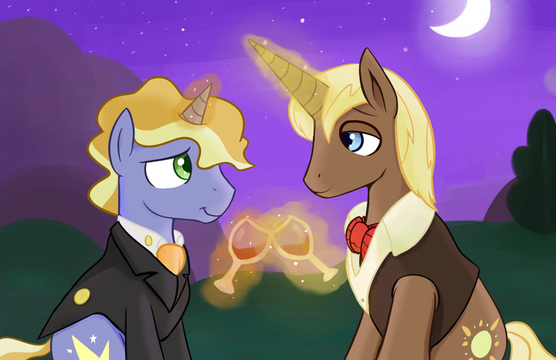 Size: 1280x829 | Tagged: safe, artist:cottonsulk, derpibooru import, chocolate sun, ponet, pony, unicorn, champagne glass, duo, gay, image, jpeg, levitation, looking at each other, looking at someone, magic, male, moon, night, shipping, stallion, telekinesis