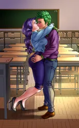 Size: 900x1462 | Tagged: safe, artist:pia-sama, derpibooru import, rarity, spike, human, fanfic, alternate universe, chalkboard, classroom, clothes, desk, eyes closed, fanfic art, female, hot for teacher, humanized, image, kissing, male, older, older spike, png, school, school uniform, shipping, sparity, straight, teacher and student