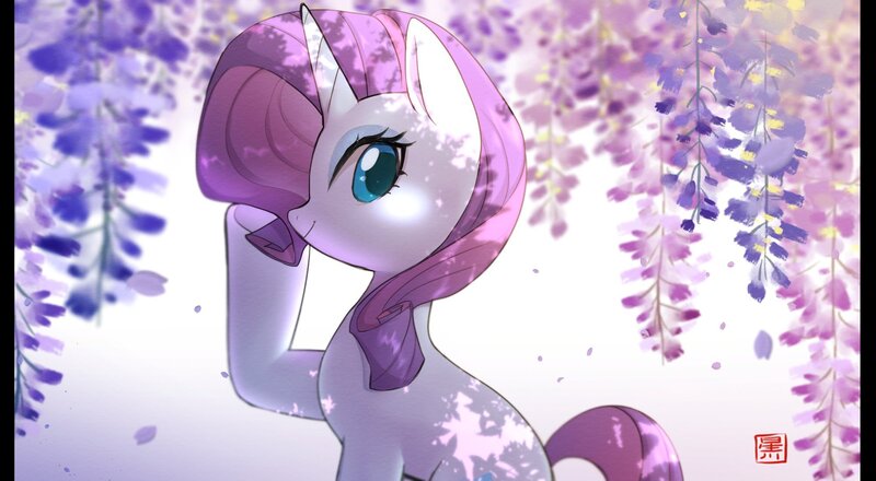 Size: 2000x1100 | Tagged: safe, artist:hosikawa, derpibooru import, rarity, pony, unicorn, female, flower, image, jpeg, looking at you, looking back, looking back at you, mare, smiling, smiling at you, solo, underhoof