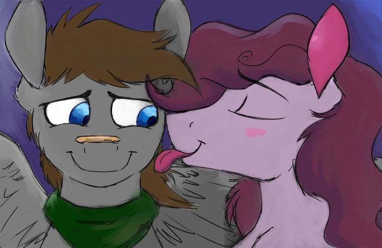 Size: 750x486 | Tagged: safe, artist:cottonsulk, derpibooru import, oc, oc:cottonsulk, oc:fuselight, unofficial characters only, pony, blushing, duo, eyes closed, image, licking, male, png, stallion, tongue out