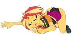 Size: 2404x1100 | Tagged: suggestive, alternate version, artist:gmaplay, derpibooru import, sunset shimmer, equestria girls, ass, ass up, bunset shimmer, butt, defeat, defeated, face down ass up, image, png, simple background, solo, transparent background, unconscious