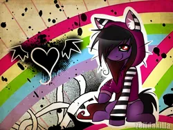 Size: 2000x1500 | Tagged: safe, artist:zeffdakilla, derpibooru import, oc, oc:frankie fang, pegasus, pony, cat hoodie, clothes, emo, heart, hoodie, image, looking at you, male, png, rainbow, raised hoof, scene, scene kid, sitting, smiling, solo