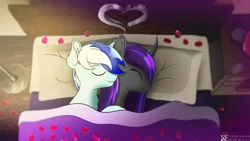 Size: 7680x4320 | Tagged: safe, artist:etheria galaxia, derpibooru import, oc, oc:etheria galaxia, oc:scratch wub, unofficial characters only, alicorn, unicorn, absurd resolution, alicorn oc, bed, bedroom, cuddling, cuddling in bed, curved horn, holiday, horn, image, on bed, png, rose petals, unicorn oc, valentine's day, wings
