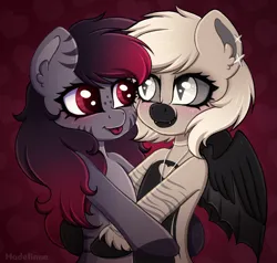 Size: 2170x2066 | Tagged: safe, artist:madelinne, derpibooru import, oc, oc:devilvoice, oc:madelinne, unofficial characters only, bat pony, earth pony, hug, image, png