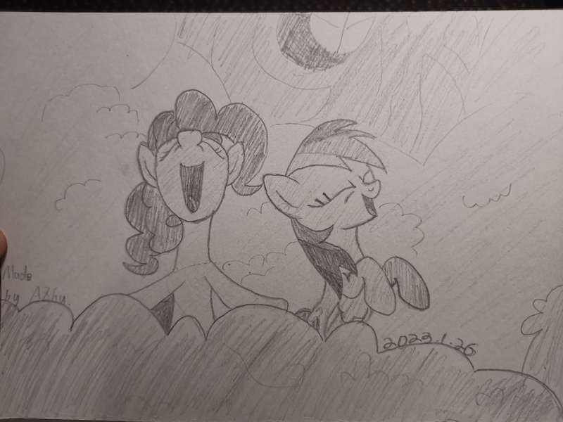 Size: 3648x2736 | Tagged: safe, artist:azhu, derpibooru import, pinkie pie, rainbow dash, earth pony, pegasus, pony, 2 pony, female, front view, golden oaks library, happy, image, jpeg, laughing, lesbian, library, pinkiedash, shipping, traditional art