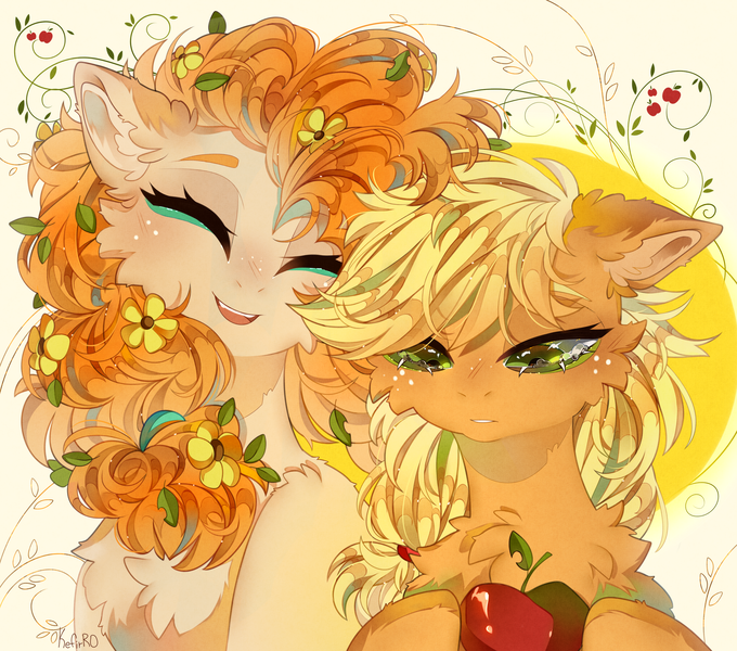 Size: 3399x3000 | Tagged: safe, artist:kefirro7, derpibooru import, applejack, pear butter, earth pony, pony, apple, cheek fluff, chest fluff, duo, ear fluff, eyes closed, female, floppy ears, flower, flower in hair, food, freckles, hairband, head tilt, high res, image, leaves, leaves in hair, looking down, mare, mother and child, mother and daughter, open mouth, png, sad, teary eyes