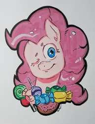 Size: 1577x2048 | Tagged: safe, artist:raph13th, derpibooru import, pinkie pie, earth pony, pony, bust, candy, female, food, image, jpeg, mare, marker drawing, one eye closed, simple background, smiling, solo, traditional art, white background, wink