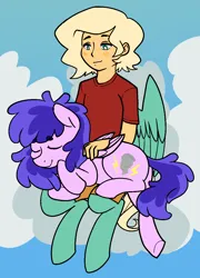 Size: 905x1257 | Tagged: safe, artist:/d/non, derpibooru import, plumberry, oc, oc:gale, pegasus, pony, satyr, blonde, blushing, canon x oc, clothes, cloud, duo, eyes closed, image, offspring, older, older plumberry, on a cloud, pants, parent:zephyr breeze, petting, png, purple hair, shirt, sitting, sitting on cloud, sitting on lap, sleeping, smiling