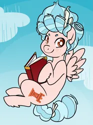 Size: 1247x1671 | Tagged: safe, artist:/d/non, derpibooru import, cozy glow, pony, blushing, book, bow, cloud, cozybetes, cute, falling, freckles, image, looking at you, png, reading, smiling, solo, spread wings, wings