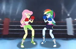 Size: 3465x2232 | Tagged: suggestive, artist:ponymaan, derpibooru import, fluttershy, rainbow dash, equestria girls, boxing, boxing gloves, duo, image, png, sports