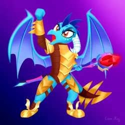 Size: 2500x2500 | Tagged: safe, artist:leonkay, derpibooru import, princess ember, dragon, armor, bloodstone scepter, dragon armor, dragon lord ember, dragoness, female, fist, gradient background, high res, image, png, raised arm, solo