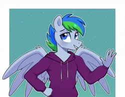 Size: 963x748 | Tagged: safe, artist:darkynez, derpibooru import, oc, unofficial characters only, anthro, blushing, clothes, hoodie, image, jpeg, looking at you, smiling, solo, spread wings, waving, wings